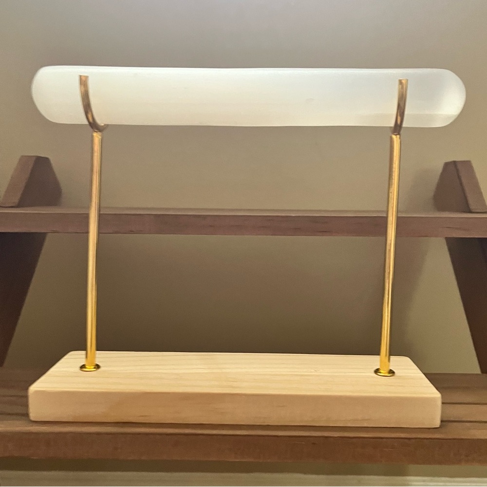 Satin Spar Wand With Wooden Stand | Natural Stone Crystal Bracelet Holder